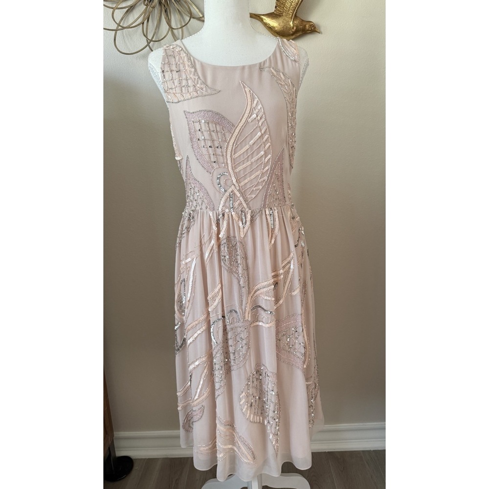 Adrianna Papell Beaded Blush Pink Sleeveless Midi Dress Size 10 Cocktail